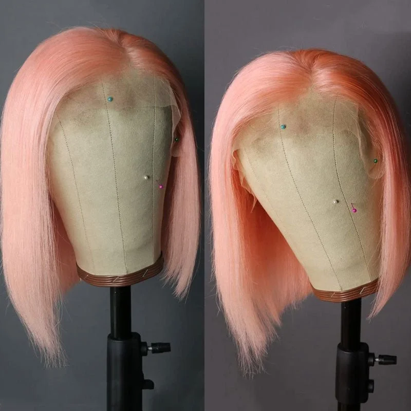 Pink Bob Lace Wigs Pre-plucked Natural Straight Human Hair Wig For Black Women