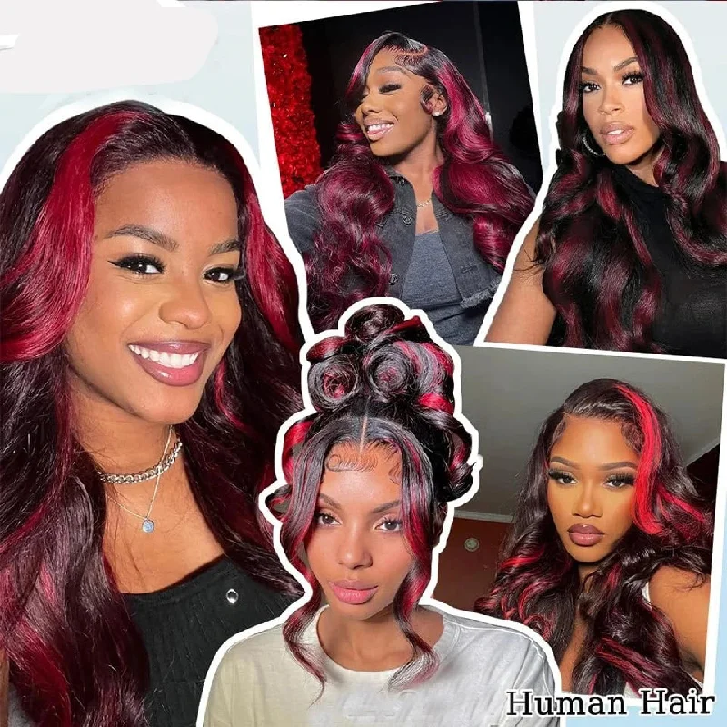 Ready-to-Wear Burgundy Highlight Wig - 13x4 Lace Front, Glueless Black Body Wave with Red Highlights