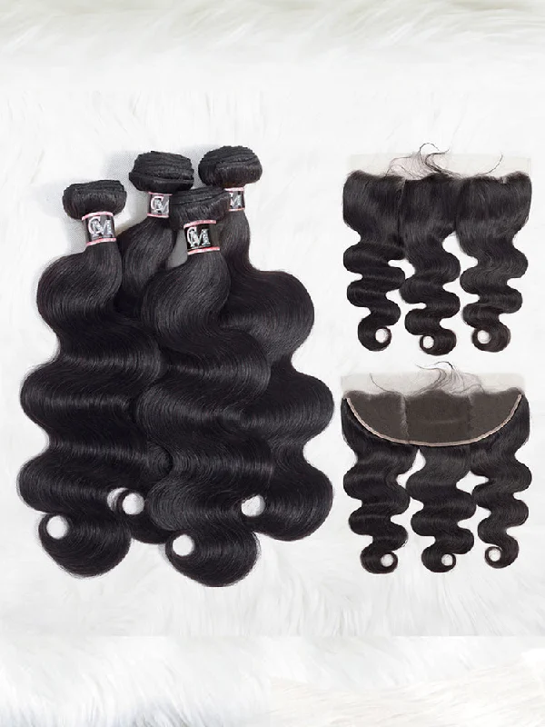 CurlyMe Body Wave Virgin Human Hair 4 Bundles with 13x4 Lace Frontal Natural Black