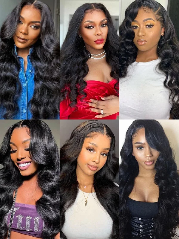 CurlyMe Body Wave Virgin Human Hair 4 Bundles with 13x4 Lace Frontal Natural Black