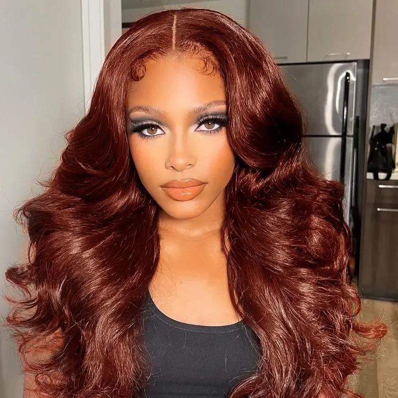 Wear & Go | #33 Reddish Brown Pre-Bleached Body Wave Glueless Wig Invisible Lace Wig Dome Cap Wigs