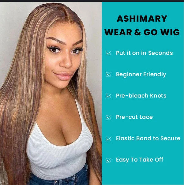 Effortless Wear & Go Glueless Highlight Straight 13x4 Lace Front Ready to Wear Wig Pre Bleach Knots & Plucked Hairline & Pre-cut Lace