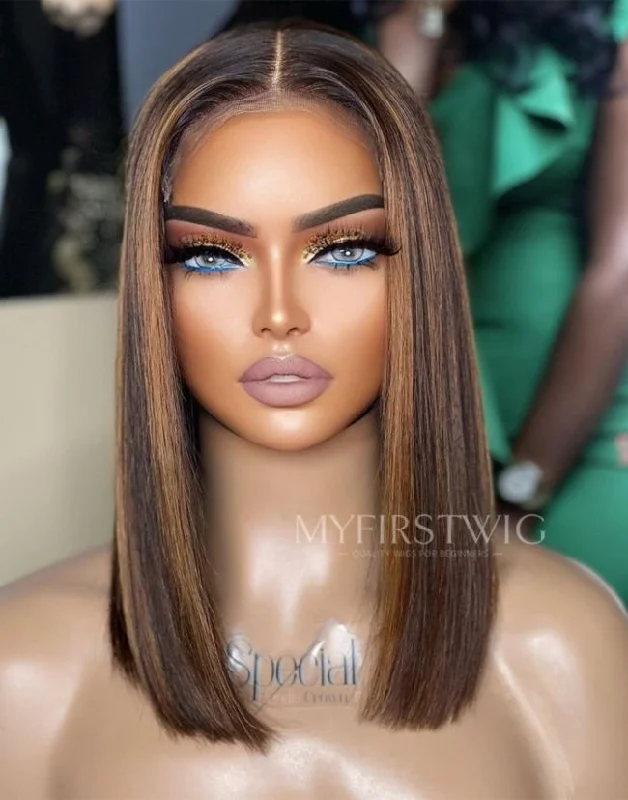 10-14 Inch Brown Highlight Bob Glueless Human Hair Lace Wig / Closure Wig - SPE067