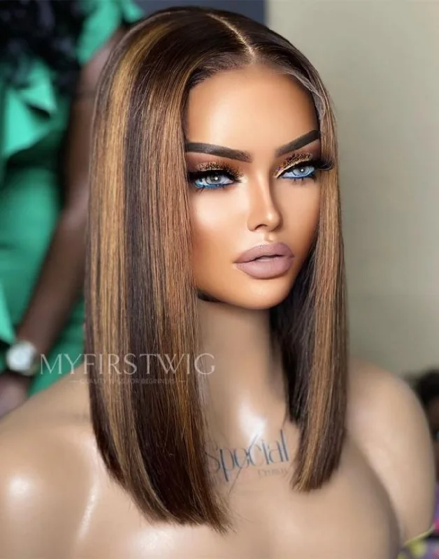 10-14 Inch Brown Highlight Bob Glueless Human Hair Lace Wig / Closure Wig - SPE067