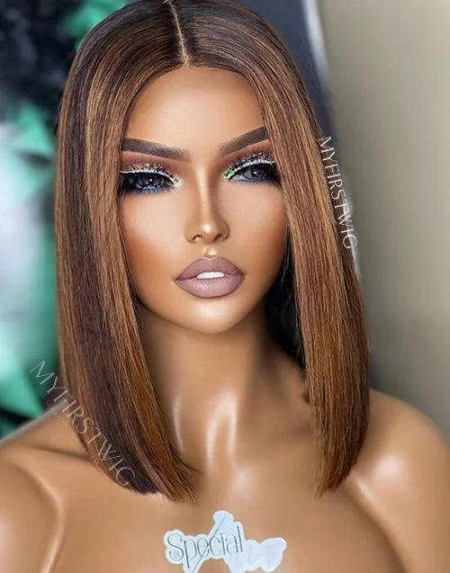 10-16 Inch Brown Highlight Bob Glueless Human Hair Lace Wig / Closure Wig - SPE004