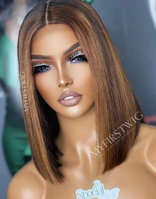 10-16 Inch Brown Highlight Bob Glueless Human Hair Lace Wig / Closure Wig - SPE004