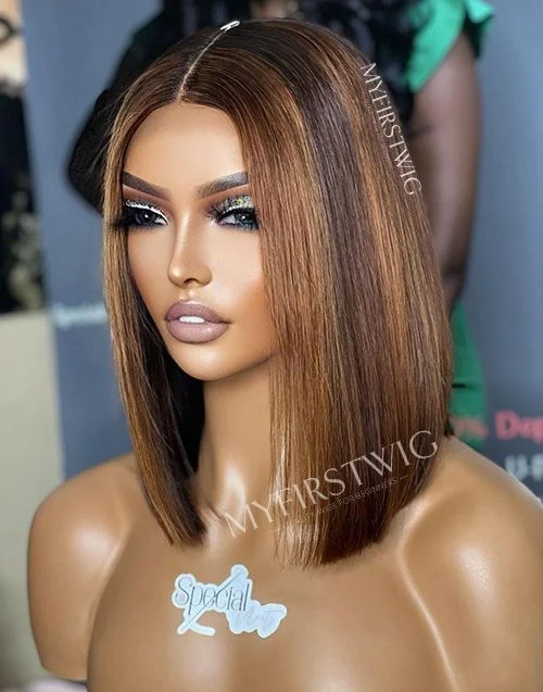 10-16 Inch Brown Highlight Bob Glueless Human Hair Lace Wig / Closure Wig - SPE004