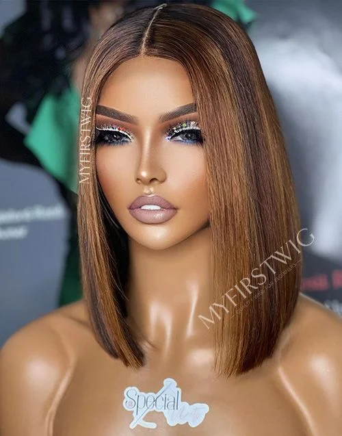 10-16 Inch Brown Highlight Bob Glueless Human Hair Lace Wig / Closure Wig - SPE004