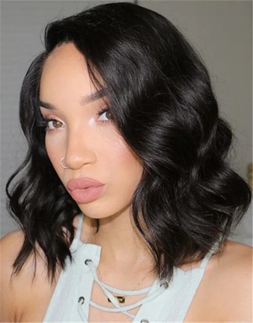 12-16 Inch Wavy Bob Glueless Human Hair Lace Wig / Closure Wig - Raven LFW004