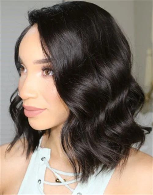 12-16 Inch Wavy Bob Glueless Human Hair Lace Wig / Closure Wig - Raven LFW004