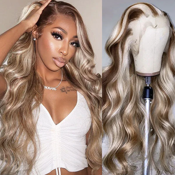 30 38 Inch Glueless Lace Front Wigs Balayage 4/613 Blonde Brown 13x4 HD Lace Front Wig Pre Plucked Colored Human Hair Lace Wigs For Women