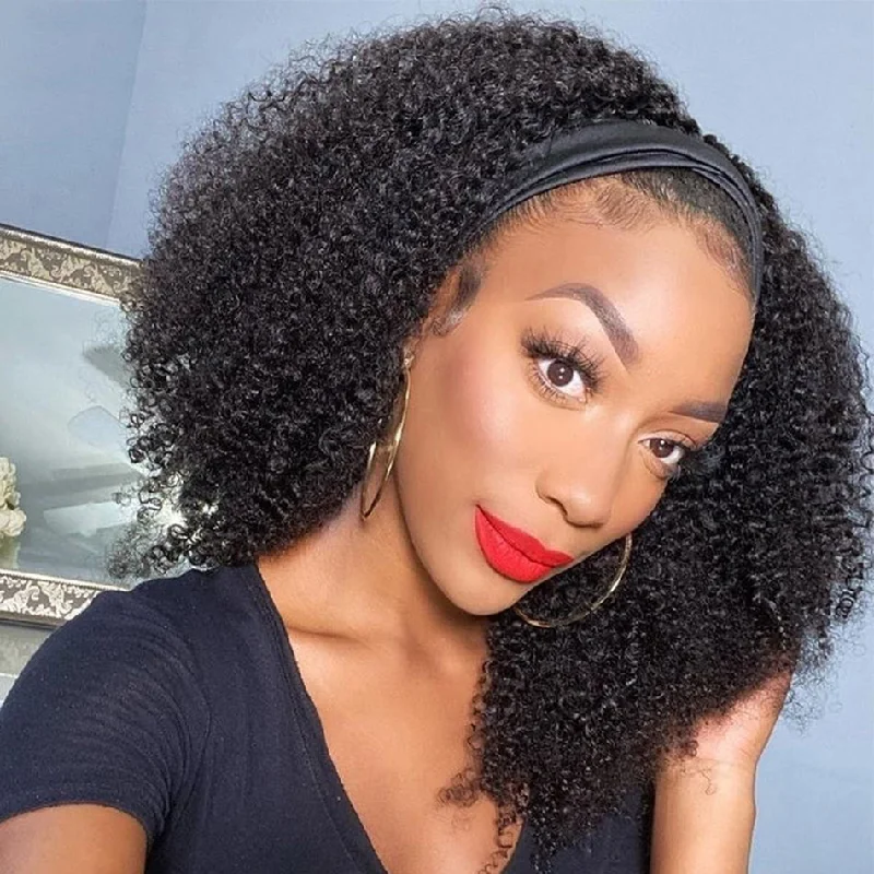 Afro Curly Headband Wig Natural 4B 4C Look Wig 210 Density