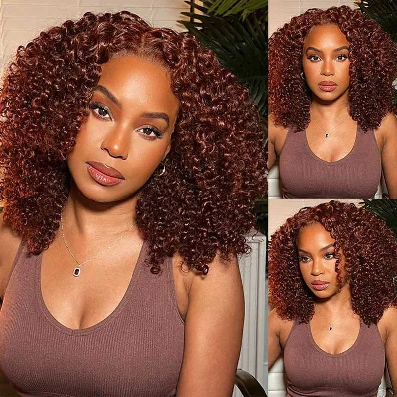 Alibonnie 6x4 Pre-Cut Lace Wear & Go Wigs Reddish Brown Kinky Curly Human Hair Wigs Pre Plucked & Bleached Knots