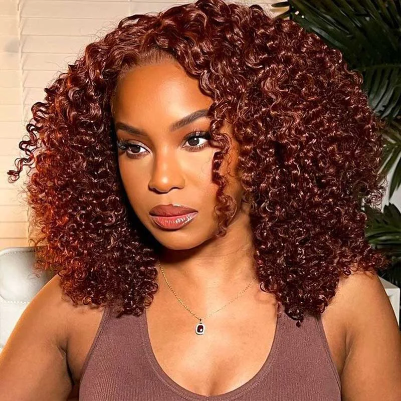 Alibonnie 6x4 Pre-Cut Lace Wear & Go Wigs Reddish Brown Kinky Curly Human Hair Wigs Pre Plucked & Bleached Knots