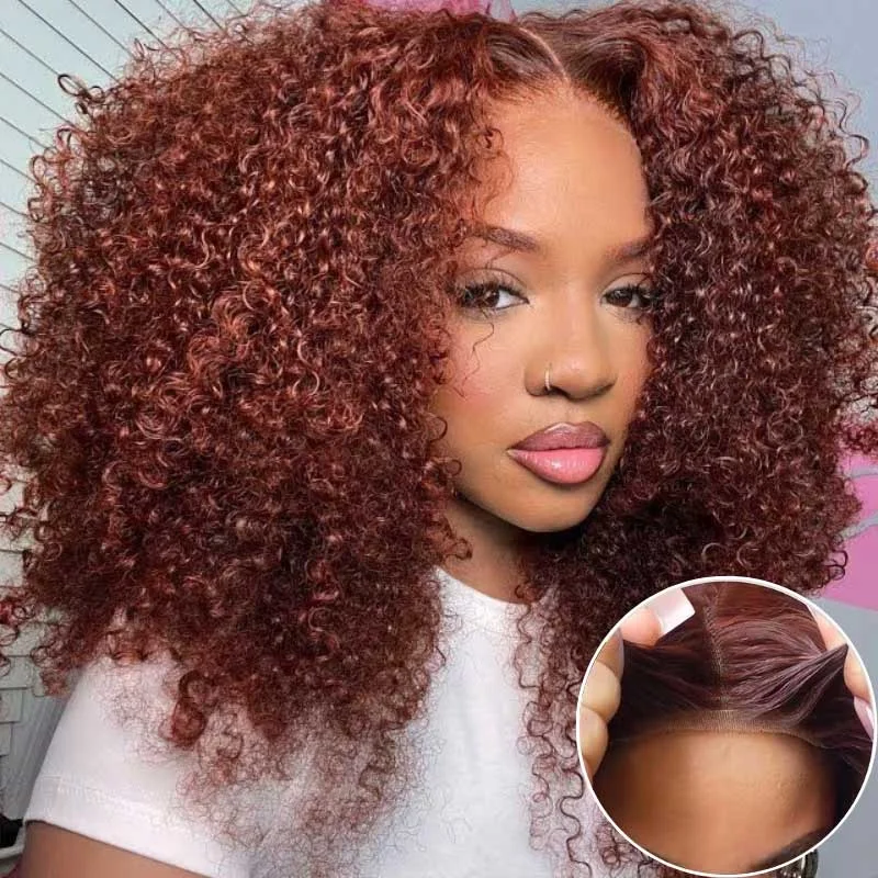 Alibonnie 6x4 Pre-Cut Lace Wear & Go Wigs Reddish Brown Kinky Curly Human Hair Wigs Pre Plucked & Bleached Knots