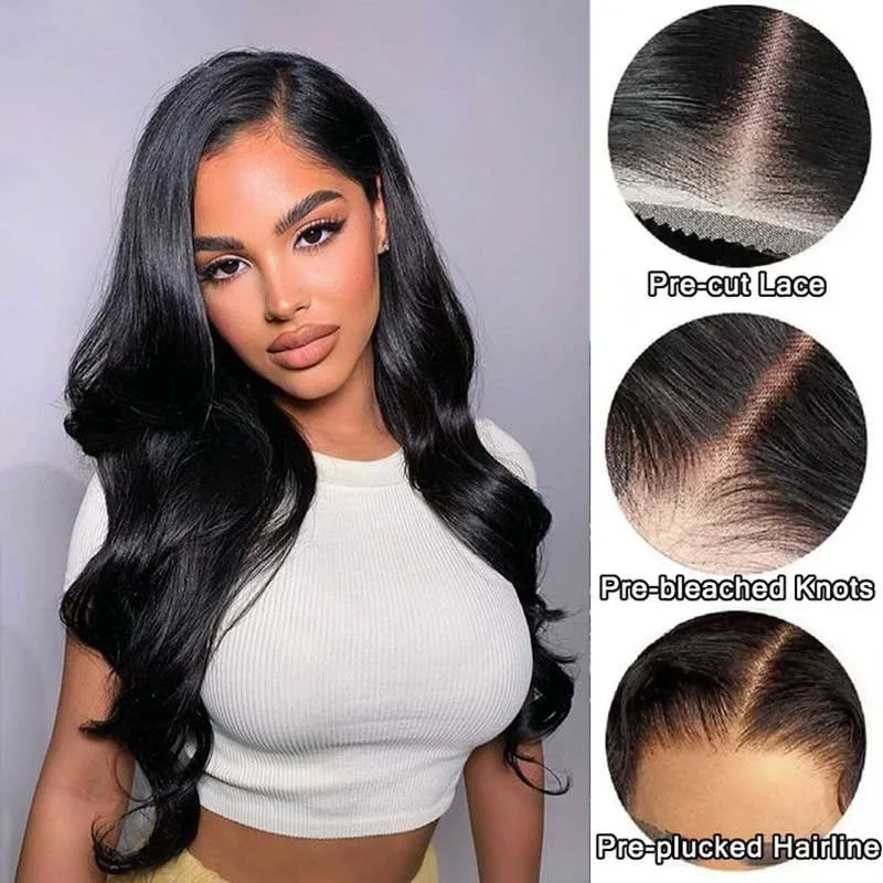 Alibonnie Transparent Lace 5x8 Closure Wigs Pre Cut No Glue Body Wave Human Hair 180% Density