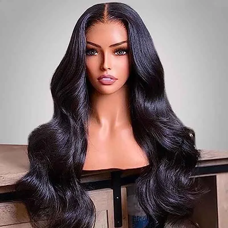 Alibonnie Transparent Lace 5x8 Closure Wigs Pre Cut No Glue Body Wave Human Hair 180% Density