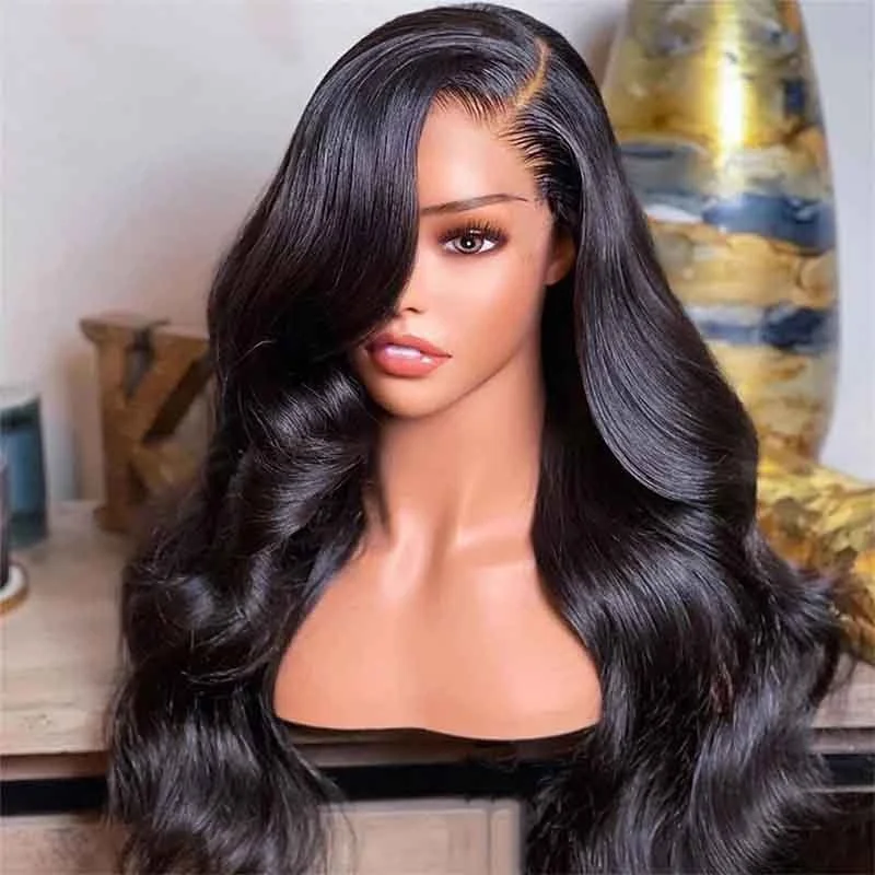 Alibonnie Transparent Lace 5x8 Closure Wigs Pre Cut No Glue Body Wave Human Hair 180% Density