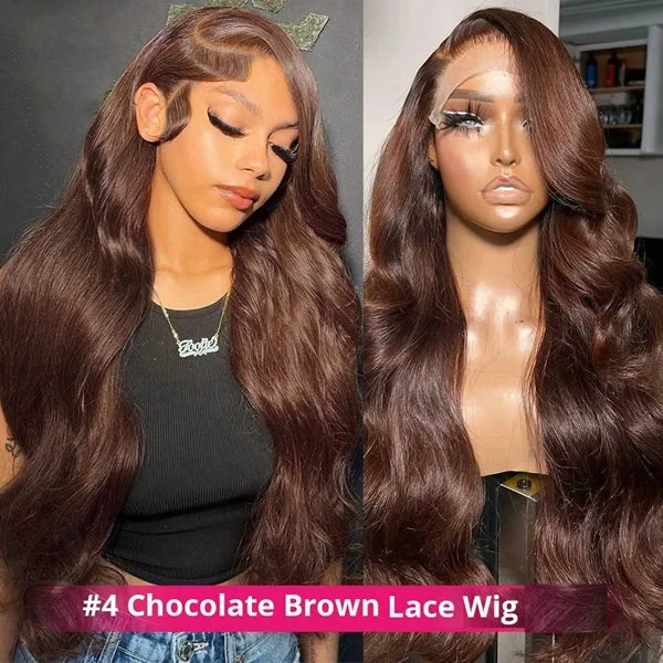 Lolly #4 Chocolate Brown Glueless 13x4 HD Lace Front Wigs Pre Plucked Wear & Go Colored Body Wave Human Hair Wigs For Women