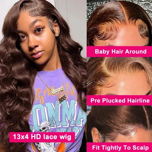 Lolly #4 Chocolate Brown Glueless 13x4 HD Lace Front Wigs Pre Plucked Wear & Go Colored Body Wave Human Hair Wigs For Women