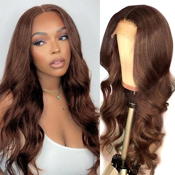 Lolly #4 Chocolate Brown Glueless 13x4 HD Lace Front Wigs Pre Plucked Wear & Go Colored Body Wave Human Hair Wigs For Women