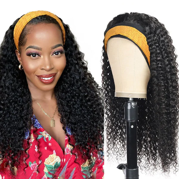 Curly Human Hair Headband Wigs Glueless Wig Half Wigs with Headbands