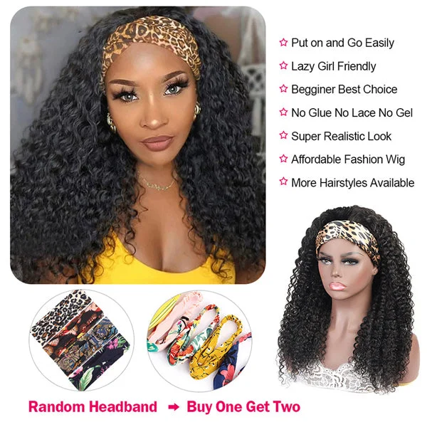 Curly Human Hair Headband Wigs Glueless Wig Half Wigs with Headbands