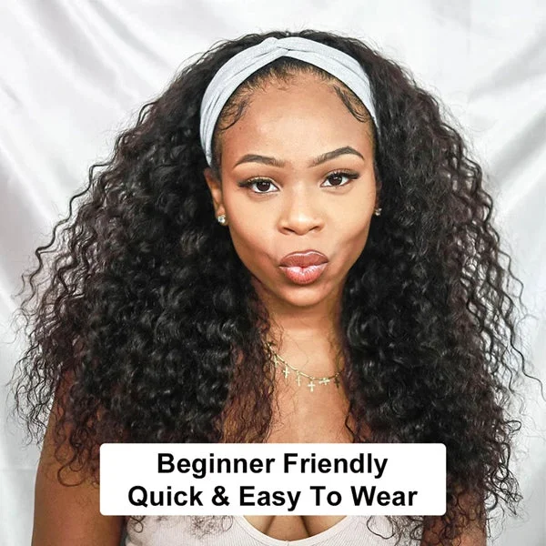 Curly Human Hair Headband Wigs Glueless Wig Half Wigs with Headbands