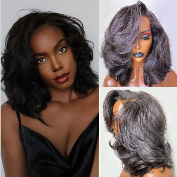 Designer Layered Short Wavy Human Hair 5x5 Lace Closure Wig