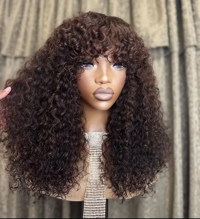 Glueless High Density Messy Curly Wig With Bangs Brazilian Human Hair Wig