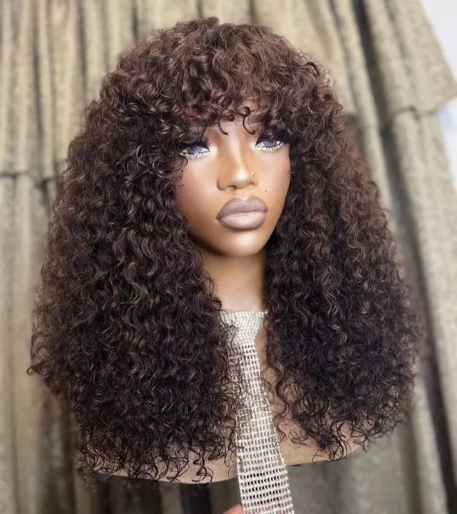 Glueless High Density Messy Curly Wig With Bangs Brazilian Human Hair Wig