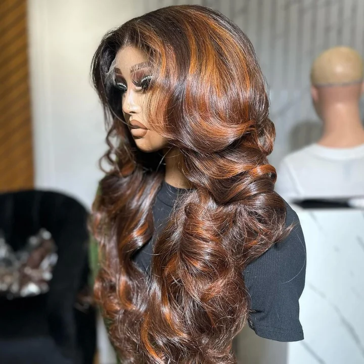 Highlight Brown 6*4/13*4 Lace Loose Wave Wigs with Curtain Bangs Human Hair Undetectable Clear Transparent Lace Wigs