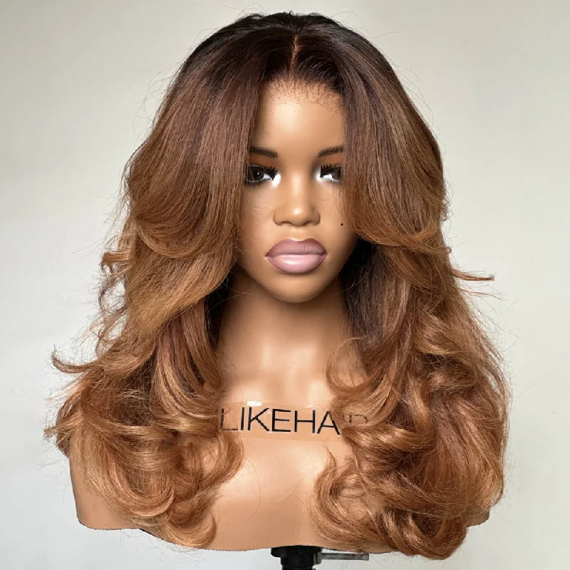 Light Brown With Dark Root Layered Cut Curly 5x5 Lace Closure Wig