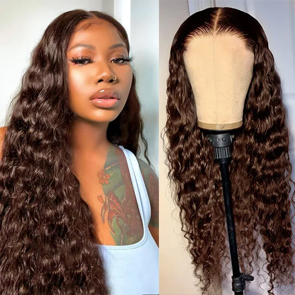 Lolly 5x5 13x4 Chestnut Dark Brown Glueless Lace Front Wig Deep Wave Wear Go Pre Plucked Colored Human Hair Wigs