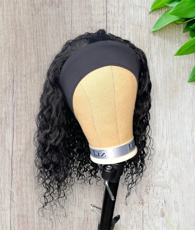 Water Wave Headband Wig 100% Human Hair Wig 180% Density Glueless Natural Black