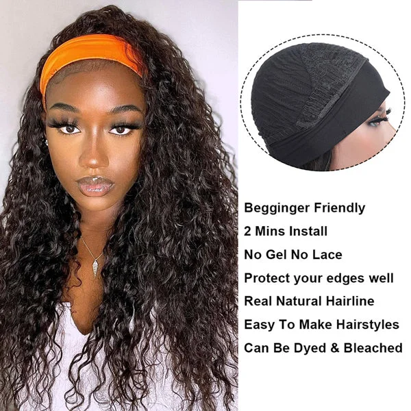 Water Wave Headband Wigs Glueless Human Hair Wigs With Scarf Half Wig