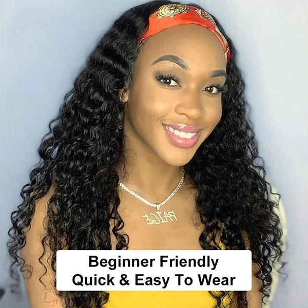 Water Wave Headband Wigs Glueless Human Hair Wigs With Scarf Half Wig