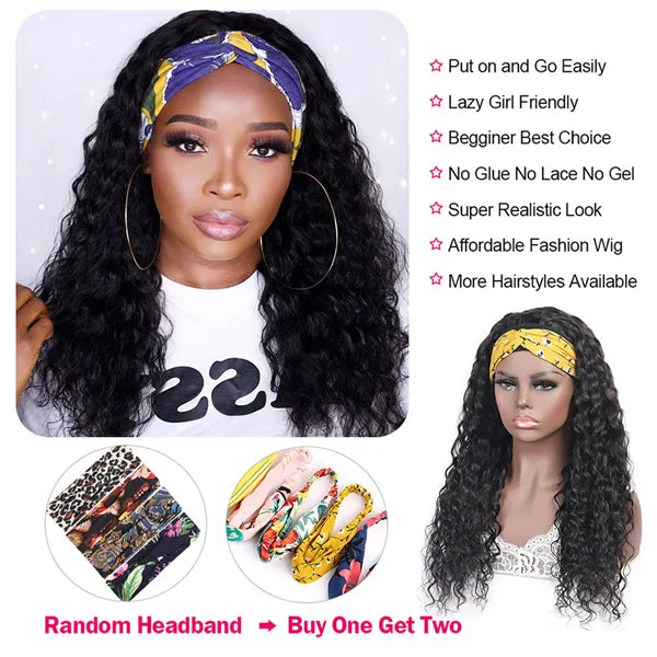 Water Wave Headband Wigs Glueless Human Hair Wigs With Scarf Half Wig