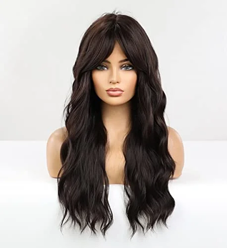 Dark Brown Wavy Wig with Blunt Bangs