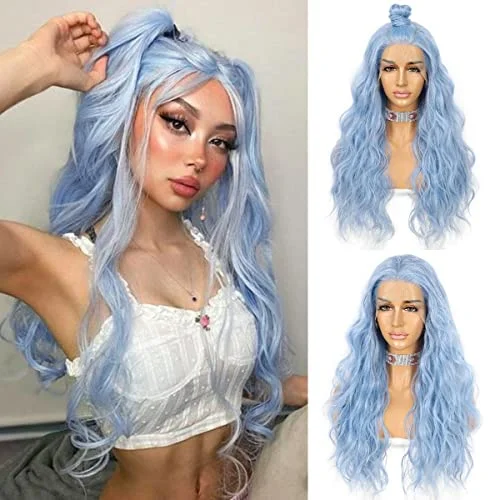 Long Heat Resistant Wavy Ice Blue Lace Front Wig