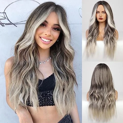 Long Ombre Blonde Gray Wavy Wig