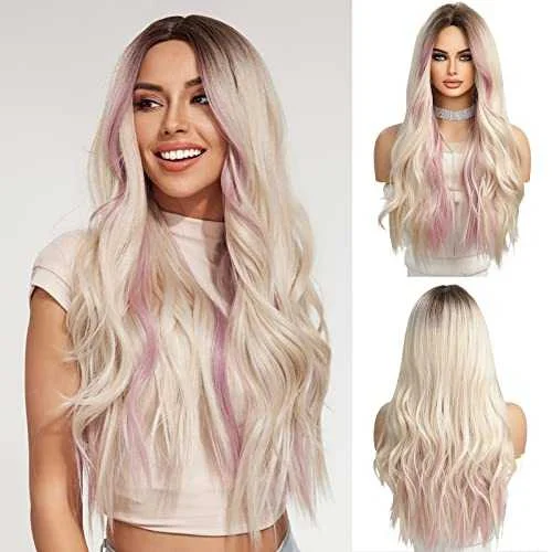 Pink Heat Resistant Highlight Blonde Wigs