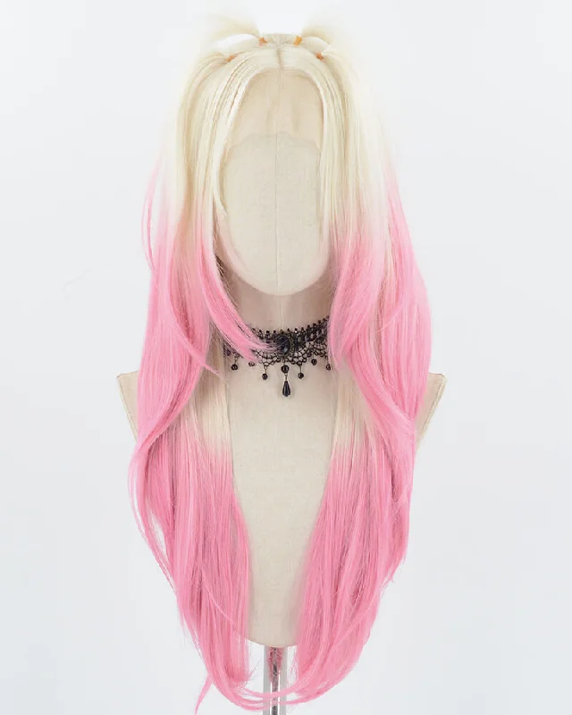 Platinum Blonde Ombre Pink Synthetic Lace Front Wig WW735