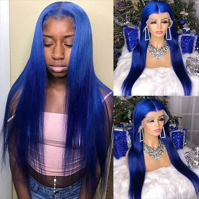 Midnight Blue Straight Hair HD Transparent 13x4 Lace Frontal Wig PrePlucked Glueless Human Hair Wigs