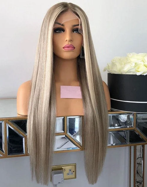 Glueless Ash Blonde Wig With Dark Roots Ombre Colored Straight 13x4 Lace Frontal Wig