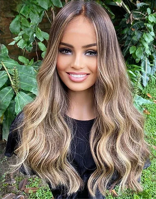 13x6 Lace Frontal Wavy Wig With Brown Roots Ombre Blonde Human Hair Wigs