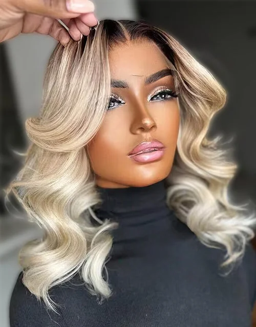 Trendy Wavy Bob Wig Blonde Shades With Dark Roots 13x6 Lace Front Human Hair Wig